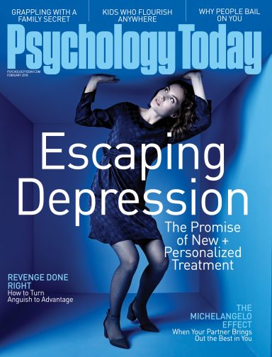 A cover from Psychology Today of a woman escaping depression